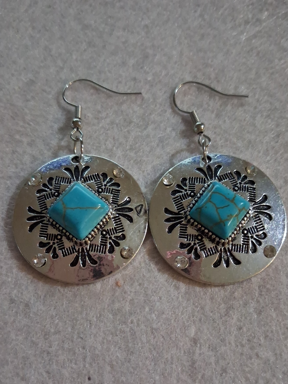 Turquoise Stone Silver-Tone Round Drop Earrings - Turquoise